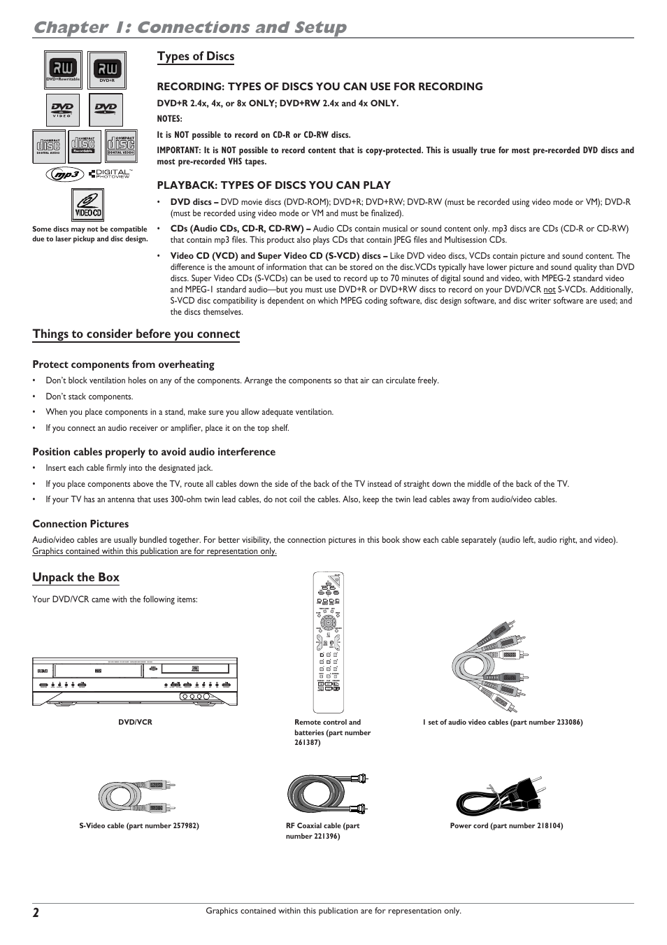 Chapter 1: connections and setup, Types of discs, Things to consider before you connect | Unpack the box, Playback: types of discs you can play, Protect components from overheating, Connection pictures, Your dvd/vcr came with the following items | RCA DRC8300N User Manual | Page 4 / 64