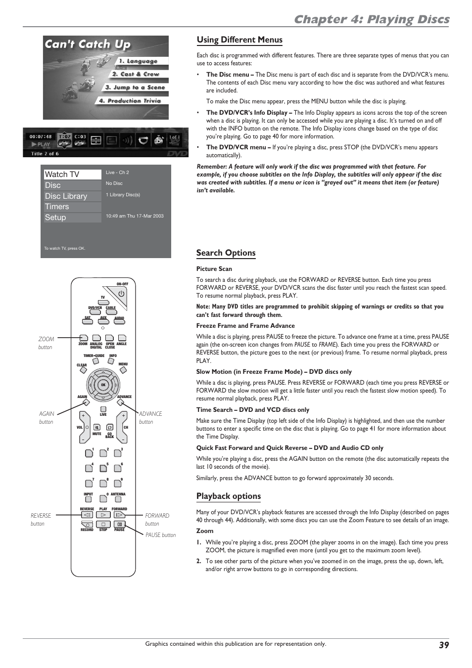 Chapter 4: playing discs, Using different menus, Search options | Playback options, Watch tv disc disc library timers setup | RCA DRC8300N User Manual | Page 41 / 64