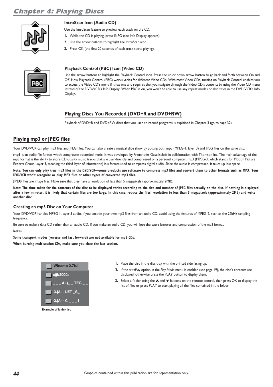 Chapter 4: playing discs, Playing mp3 or jpeg fi les, Playing discs you recorded (dvd+r and dvd+rw) | RCA DRC8300N User Manual | Page 46 / 64