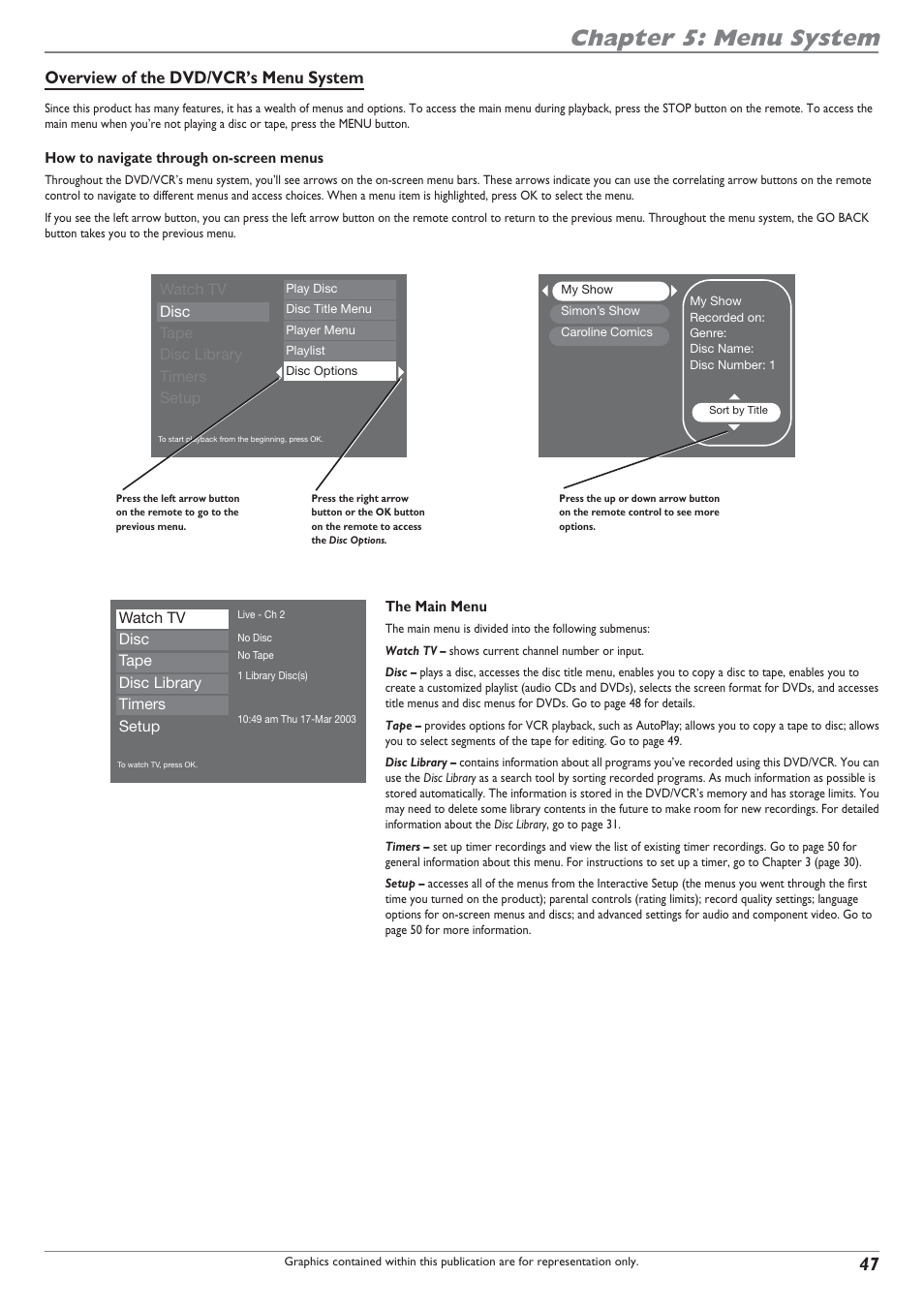 Chapter 5: menu system, Overview of the dvd/vcr’s menu system | RCA DRC8300N User Manual | Page 49 / 64