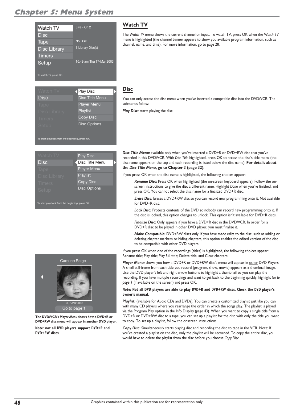 Chapter 5: menu system, Watch tv, Disc | RCA DRC8300N User Manual | Page 50 / 64