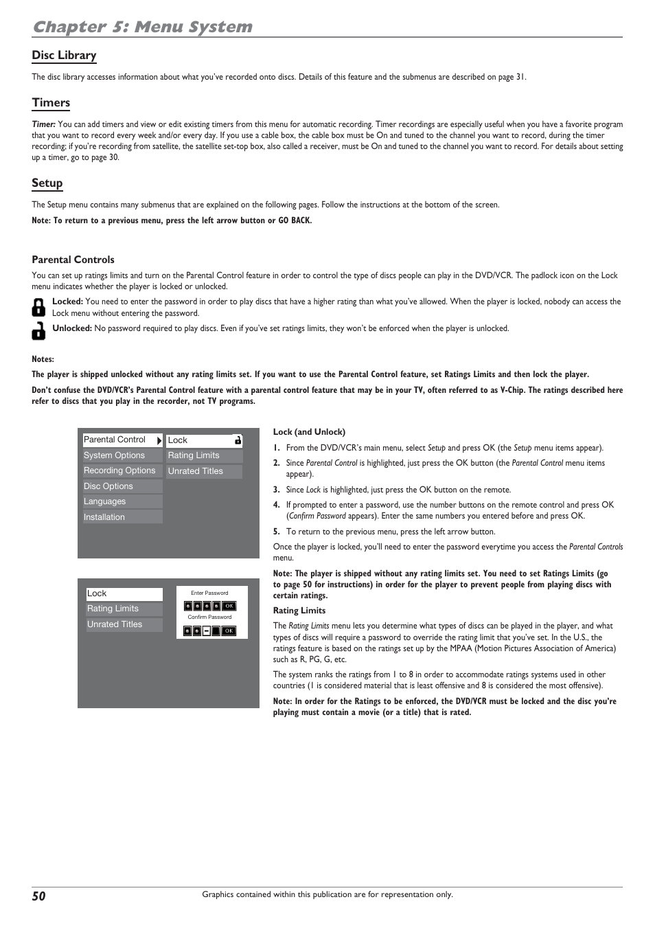 Chapter 5: menu system, Disc library, Timers | Setup | RCA DRC8300N User Manual | Page 52 / 64