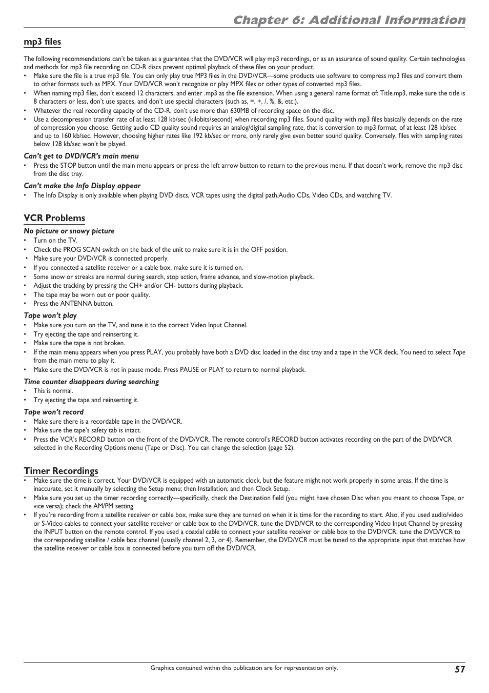 Chapter 6: additional information, Mp3 fi les, Vcr problems | Timer recordings | RCA DRC8300N User Manual | Page 59 / 64