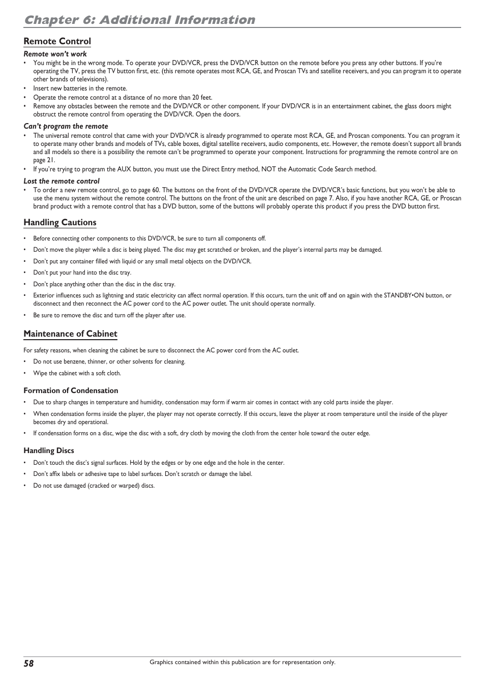 Chapter 6: additional information, Remote control, Handling cautions | Maintenance of cabinet | RCA DRC8300N User Manual | Page 60 / 64