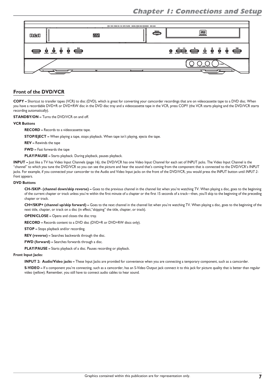 Chapter 1: connections and setup, Front of the dvd/vcr | RCA DRC8300N User Manual | Page 9 / 64
