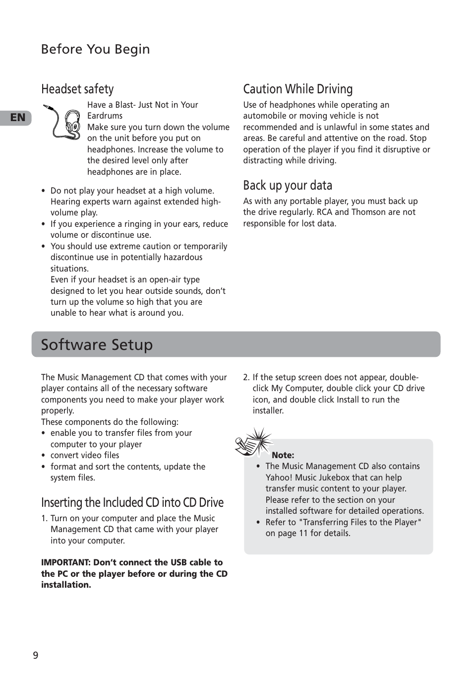 Headset safety, Caution while driving, Back up your data | Software setup, Inserting the included cd into cd drive, Before you begin headset safety | RCA MC4002 User Manual | Page 10 / 30