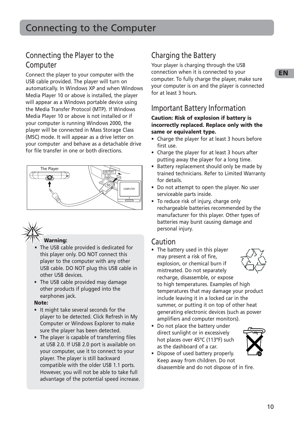 Connecting to the computer, Connecting the player to the computer, Charging the battery | Important battery information, Caution | RCA MC4002 User Manual | Page 11 / 30