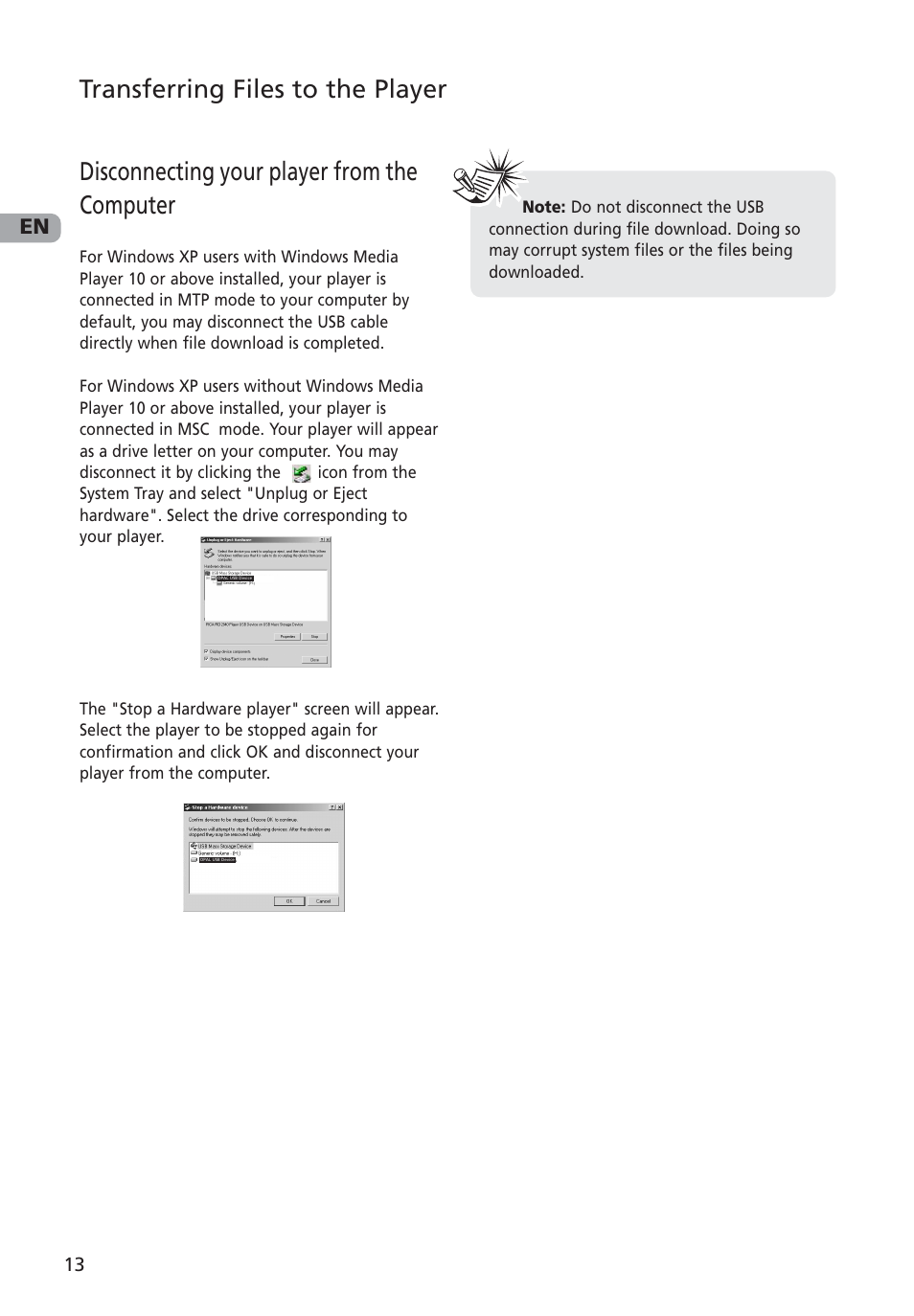 Disconnecting your player from the computer, Transferring files to the player | RCA MC4002 User Manual | Page 14 / 30