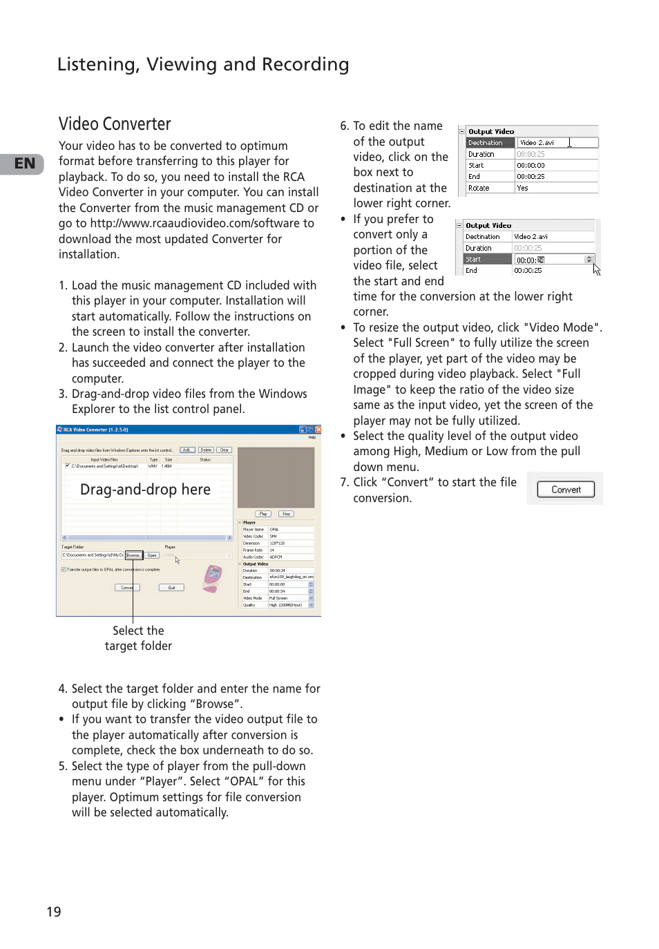 Video converter, Listening, viewing and recording, En drag-and-drop here | RCA MC4002 User Manual | Page 20 / 30