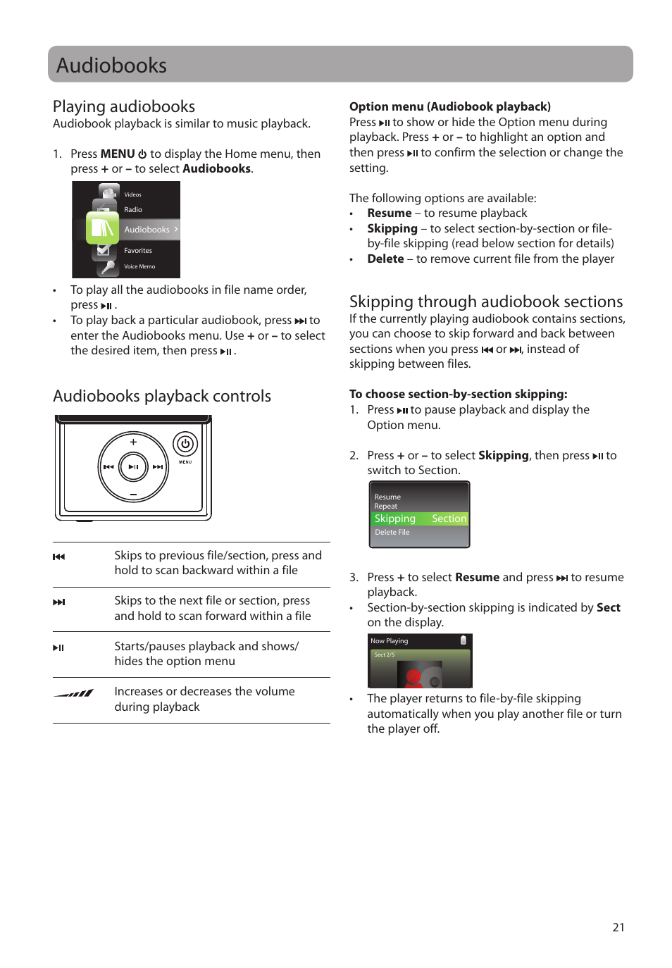 Audiobooks, Playing audiobooks, Audiobooks playback controls | Skipping through audiobook sections | RCA SLC5008 User Manual | Page 21 / 87