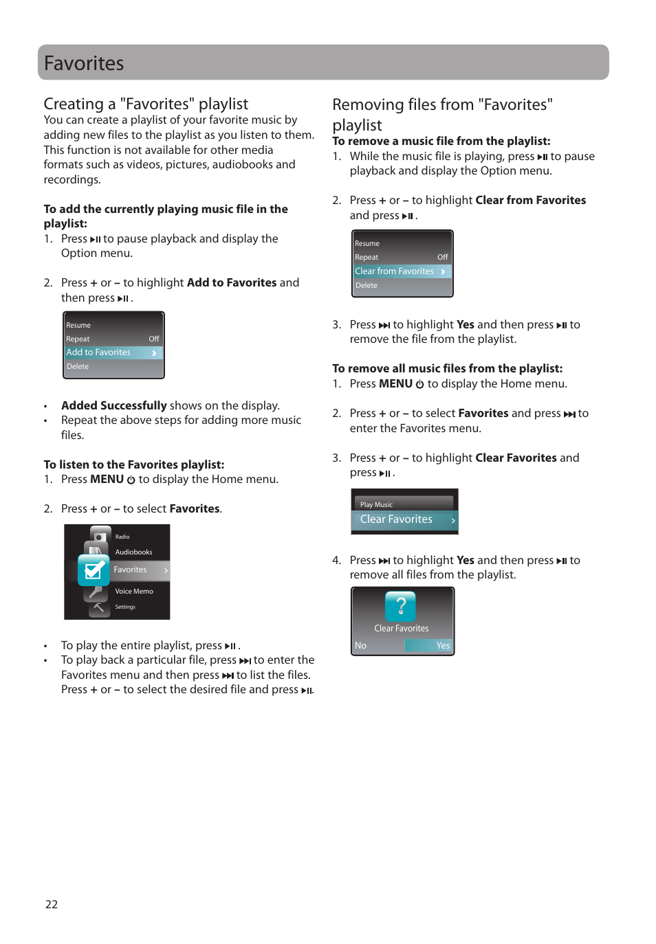 Favorites, Creating a "favorites" playlist, Removing files from "favorites" playlist | RCA SLC5008 User Manual | Page 22 / 87