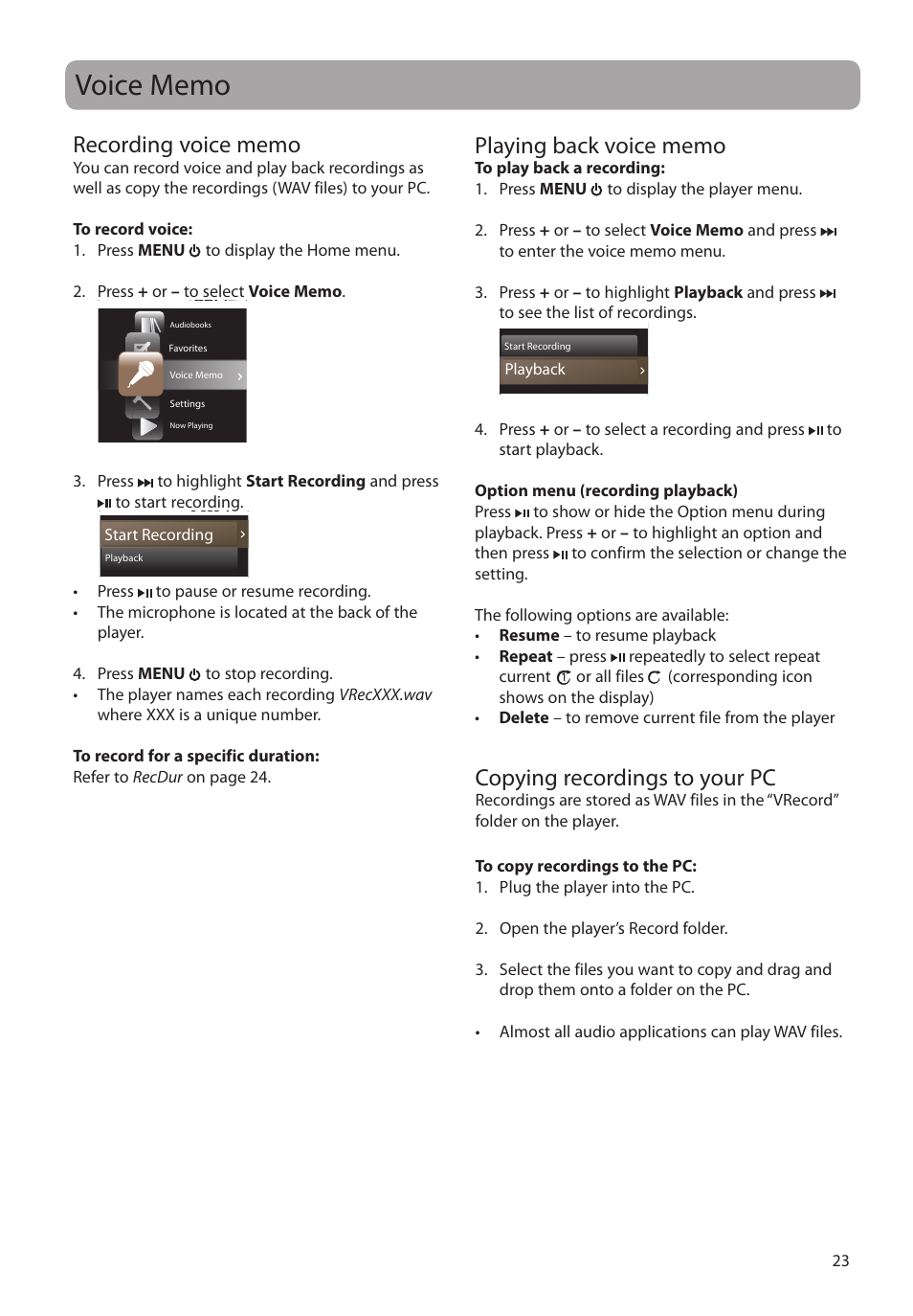 Voice memo, Recording voice memo, Playing back voice memo | Copying recordings to your pc | RCA SLC5008 User Manual | Page 23 / 87