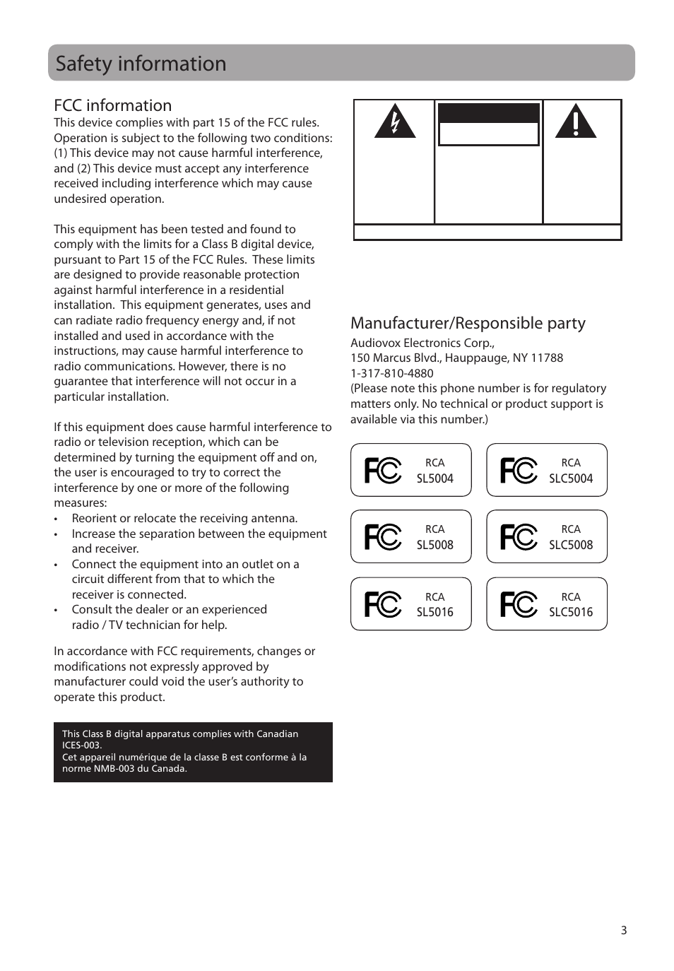 Safety information, Fcc information, Manufacturer/responsible party | Caution, Warning | RCA SLC5008 User Manual | Page 3 / 87