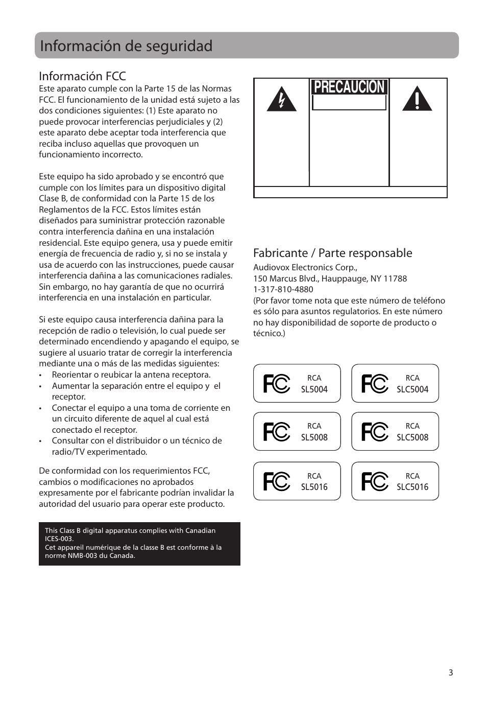 Información de seguridad, Información fcc, Fabricante / parte responsable | Precaucion, Advertencia | RCA SLC5008 User Manual | Page 32 / 87