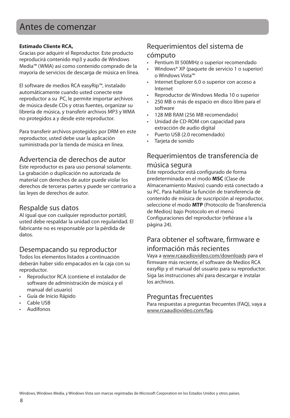 Antes de comenzar, Advertencia de derechos de autor, Respalde sus datos | Desempacando su reproductor, Requerimientos del sistema de cómputo, Requerimientos de transferencia de música segura, Preguntas frecuentes | RCA SLC5008 User Manual | Page 37 / 87