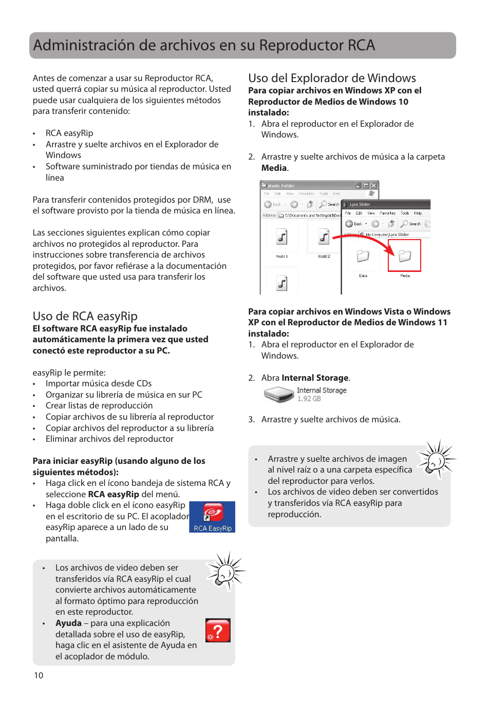 Administración de archivos en su reproductor rca, Uso de rca easyrip, Uso del explorador de windows | RCA SLC5008 User Manual | Page 39 / 87