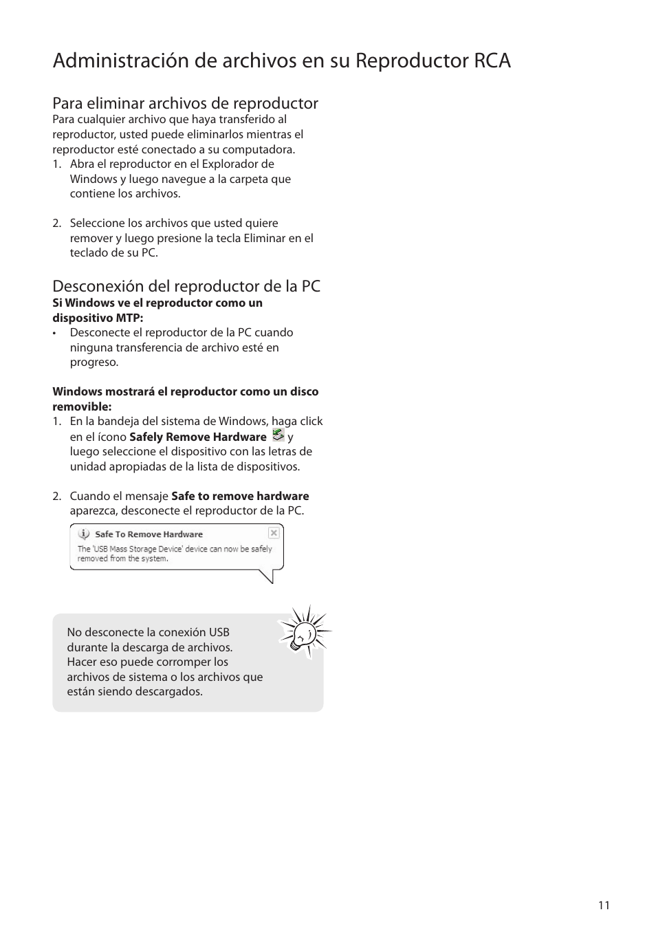 Para eliminar archivos de reproductor, Desconexión del reproductor de la pc, Administración de archivos en su reproductor rca | RCA SLC5008 User Manual | Page 40 / 87