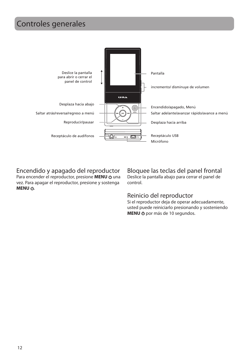 Controles generales, Encendido y apagado del reproductor, Bloquee las teclas del panel frontal | Reinicio del reproductor | RCA SLC5008 User Manual | Page 41 / 87