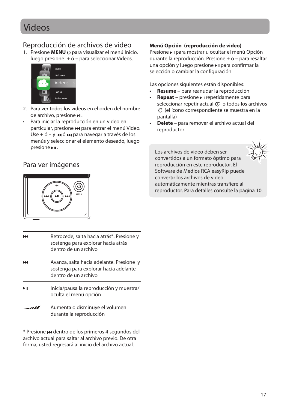 Videos, Reproducción de archivos de video, Para ver imágenes | RCA SLC5008 User Manual | Page 46 / 87