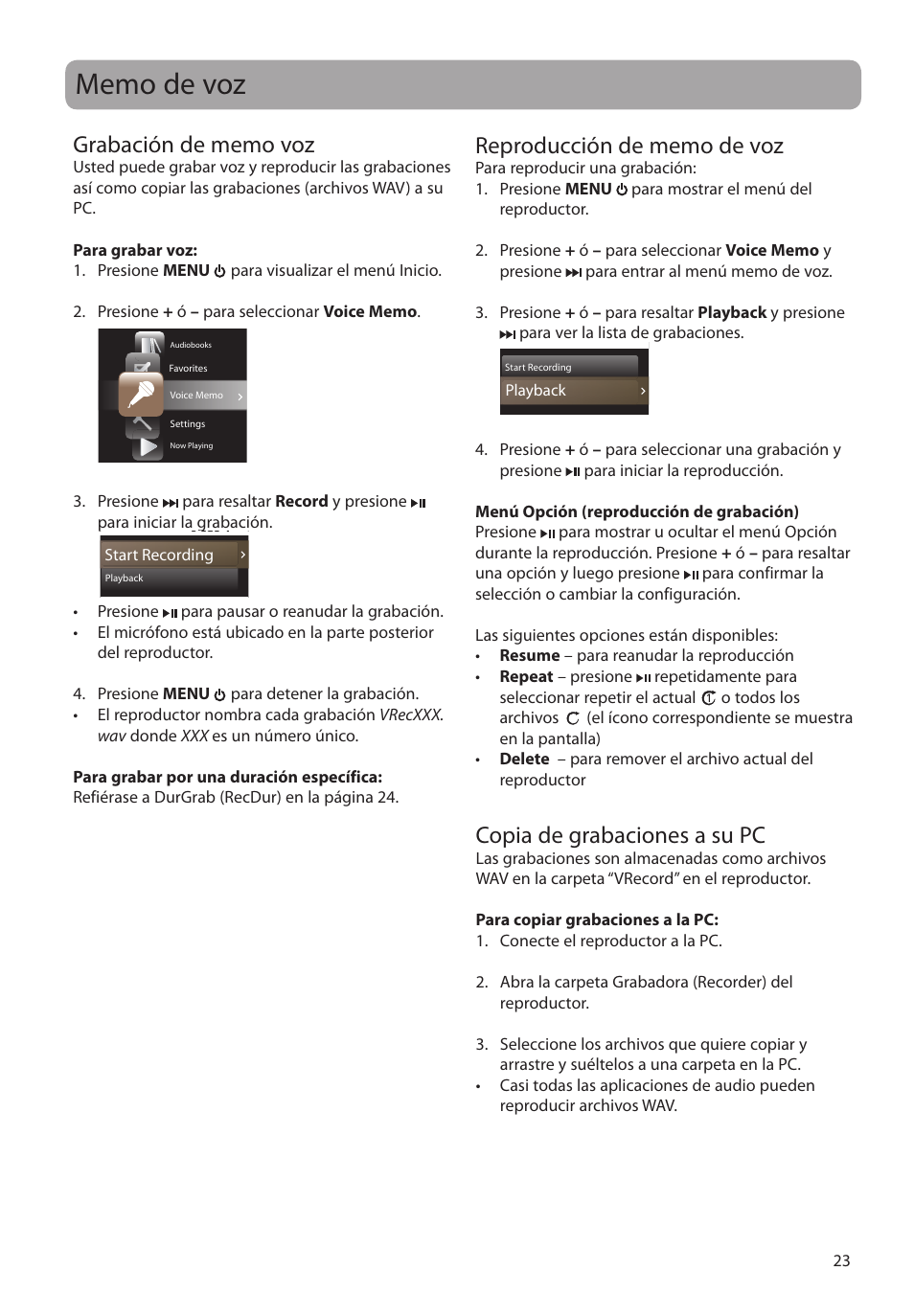 Memo de voz, Grabación de memo voz, Reproducción de memo de voz | Copia de grabaciones a su pc | RCA SLC5008 User Manual | Page 52 / 87