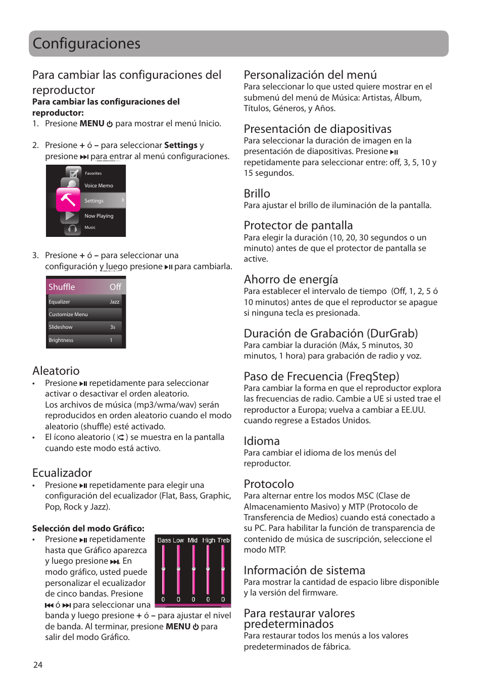 Configuraciones, Para cambiar las configuraciones del reproductor, Aleatorio | Ecualizador, Personalización del menú, Presentación de diapositivas, Brillo, Protector de pantalla, Ahorro de energía, Duración de grabación (durgrab) | RCA SLC5008 User Manual | Page 53 / 87