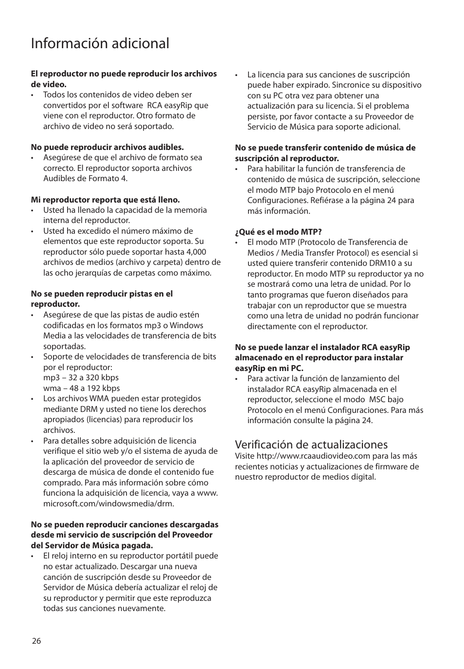 Verificación de actualizaciones, Información adicional | RCA SLC5008 User Manual | Page 55 / 87