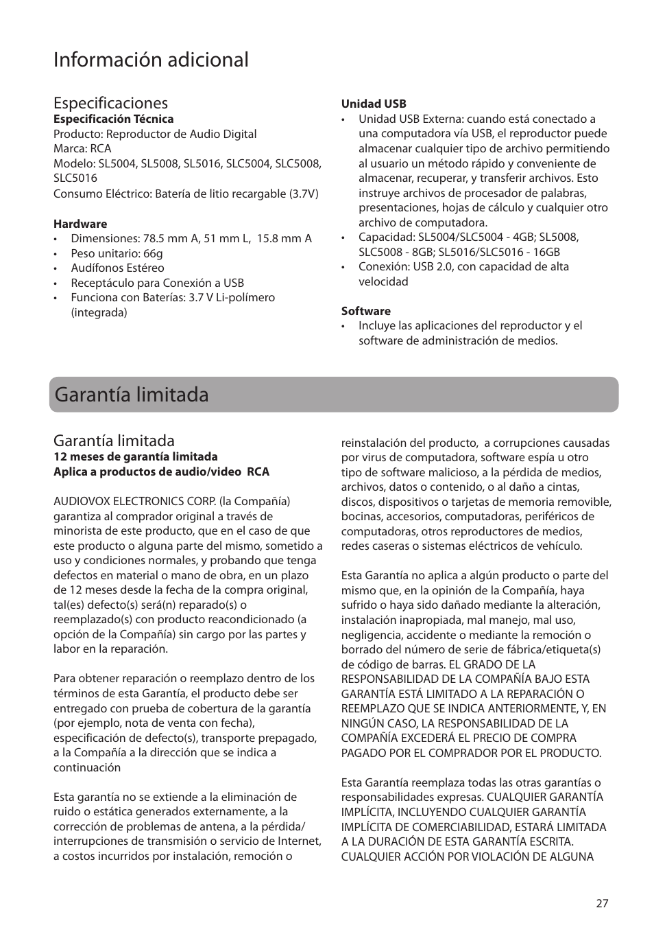 Especificaciones, Garantía limitada, Información adicional | RCA SLC5008 User Manual | Page 56 / 87