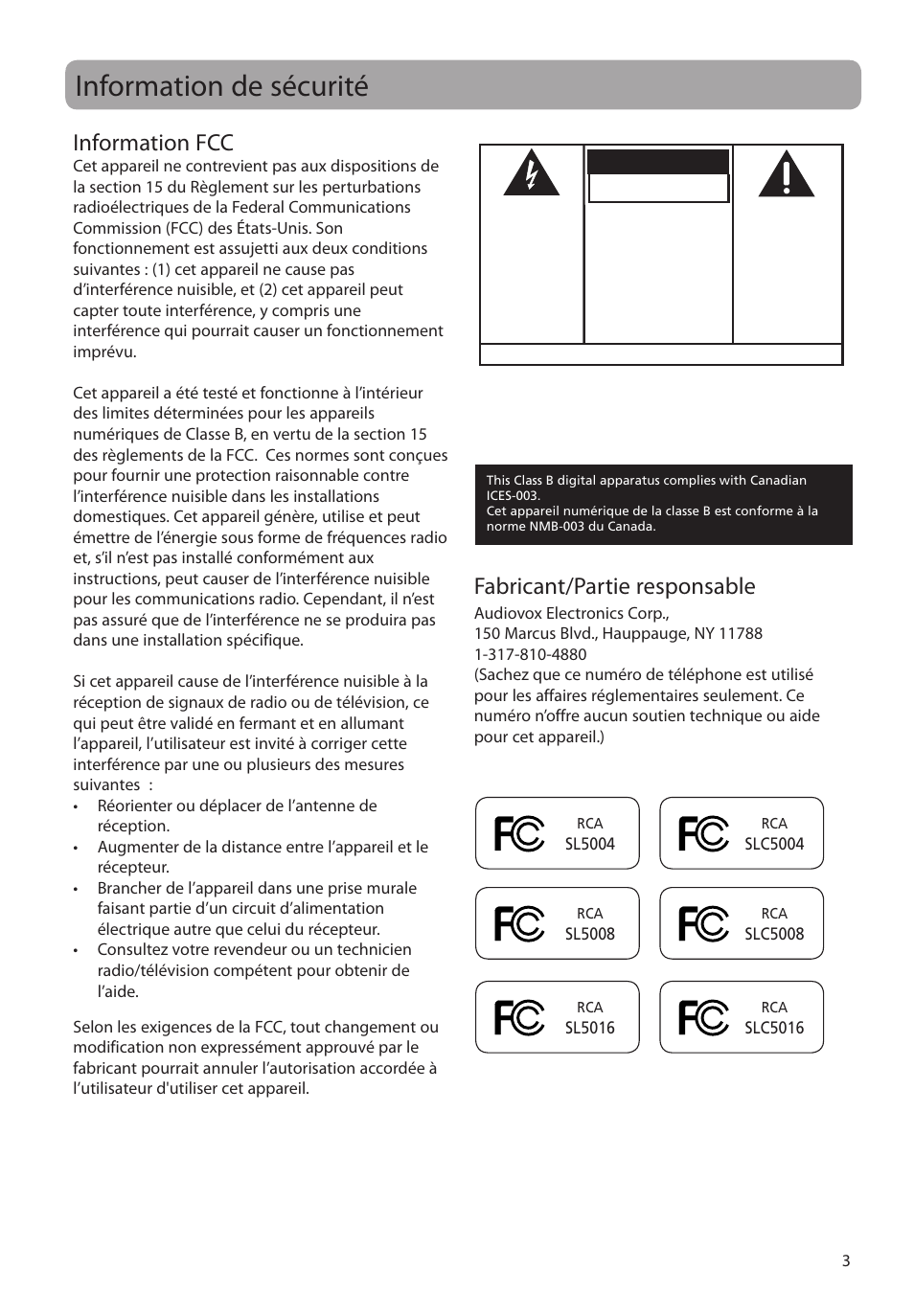 Information de sécurité, Information fcc, Fabricant/partie responsable | Avertissement | RCA SLC5008 User Manual | Page 61 / 87