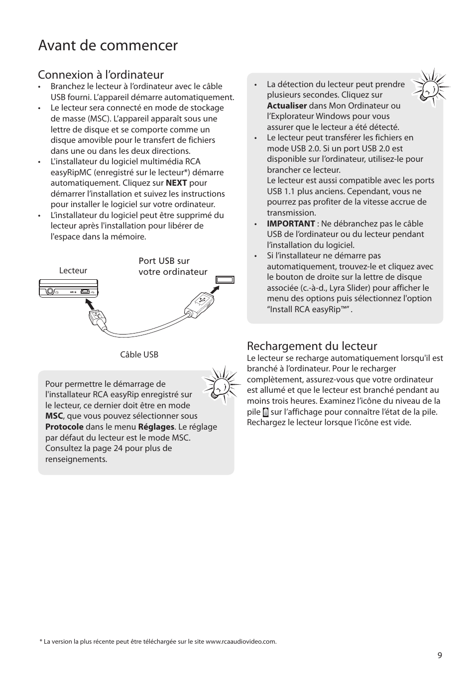 Connexion à l’ordinateur, Rechargement du lecteur, Avant de commencer | RCA SLC5008 User Manual | Page 67 / 87