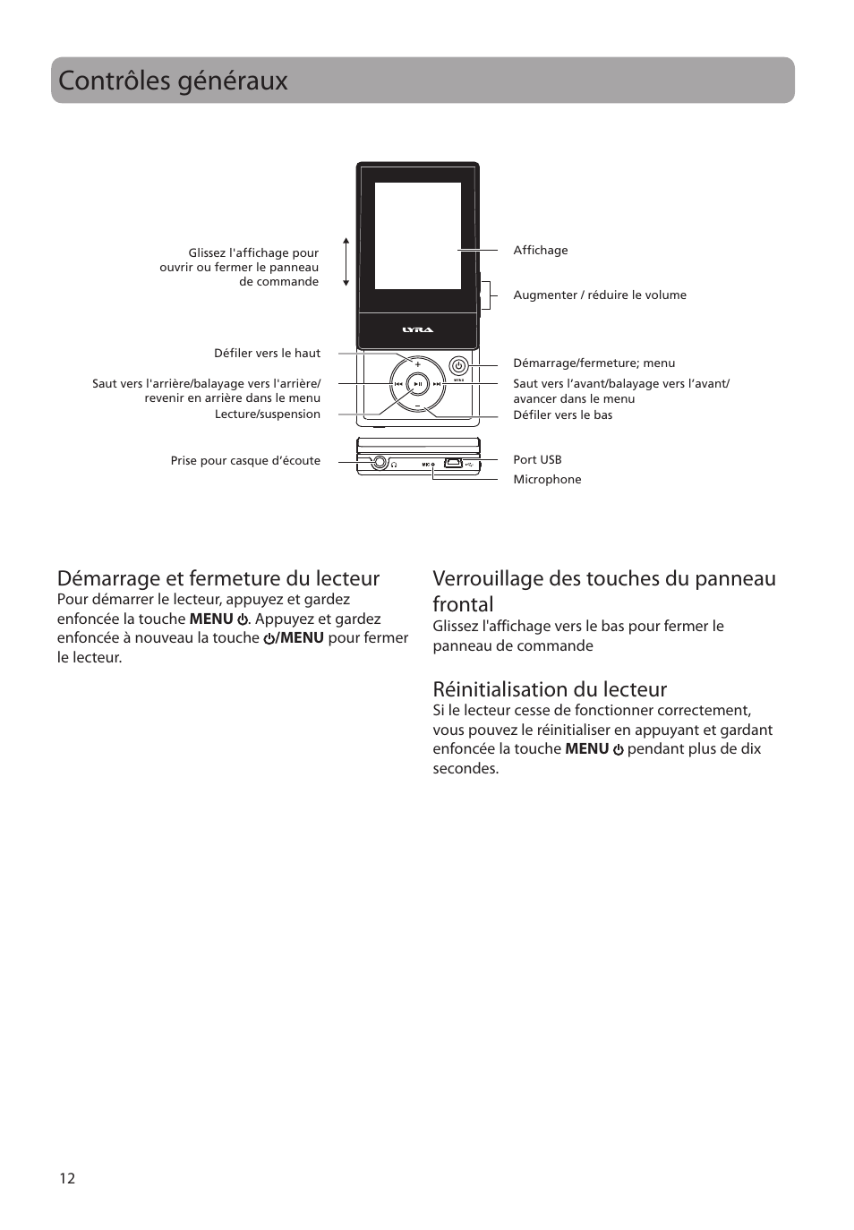 Contrôles généraux, Démarrage et fermeture du lecteur, Verrouillage des touches du panneau frontal | Réinitialisation du lecteur | RCA SLC5008 User Manual | Page 70 / 87