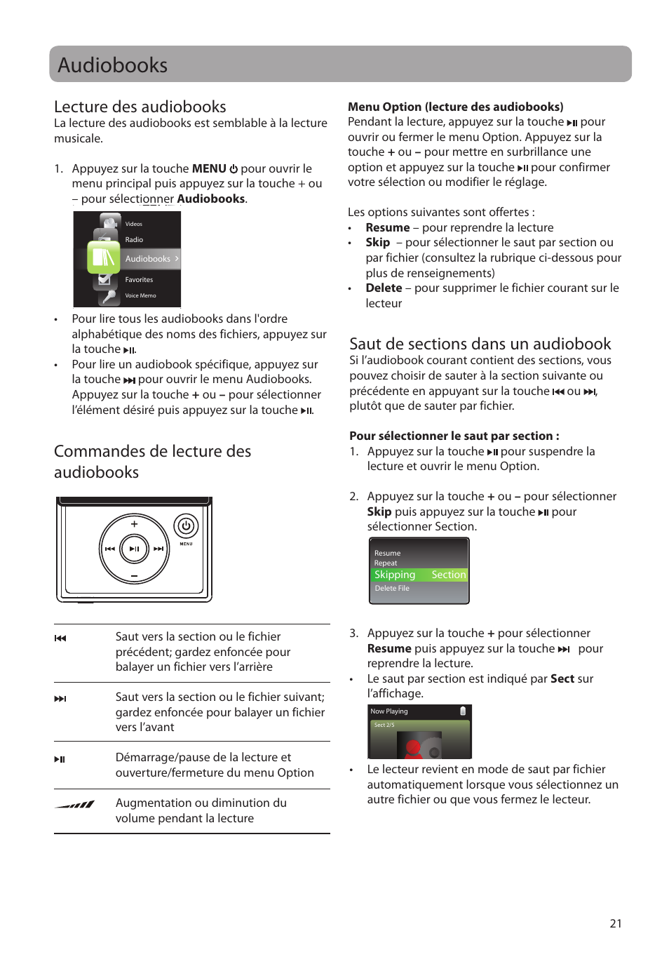 Audiobooks, Lecture des audiobooks, Commandes de lecture des audiobooks | Saut de sections dans un audiobook | RCA SLC5008 User Manual | Page 79 / 87