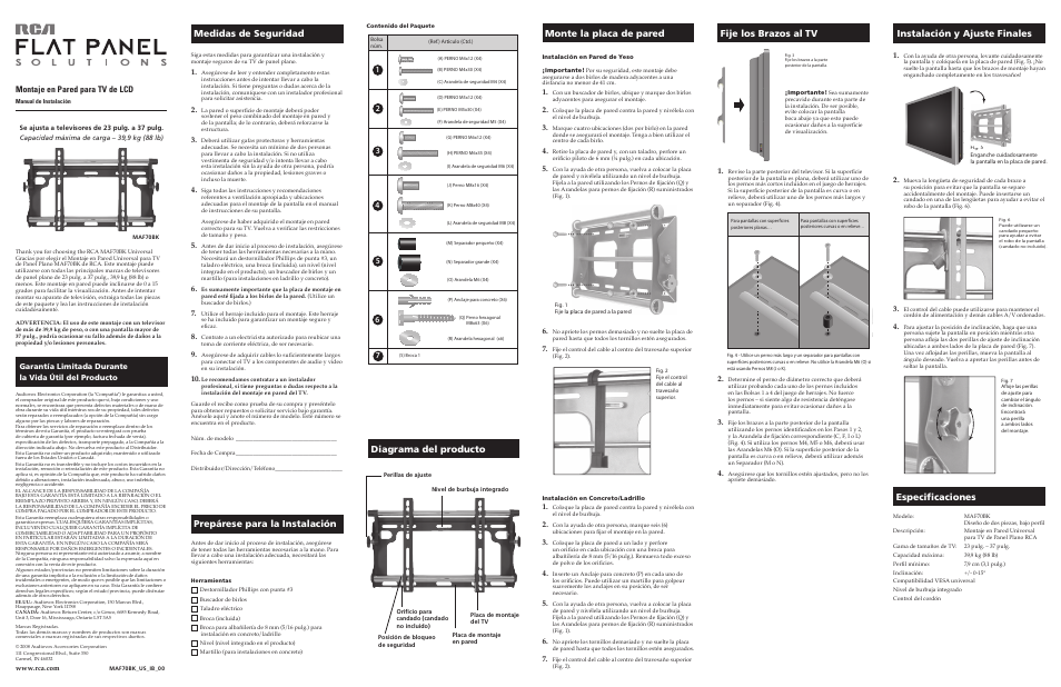 Especificaciones, Prepárese para la instalación, Montaje en pared para tv de lcd | RCA MAF70BK User Manual | Page 2 / 2