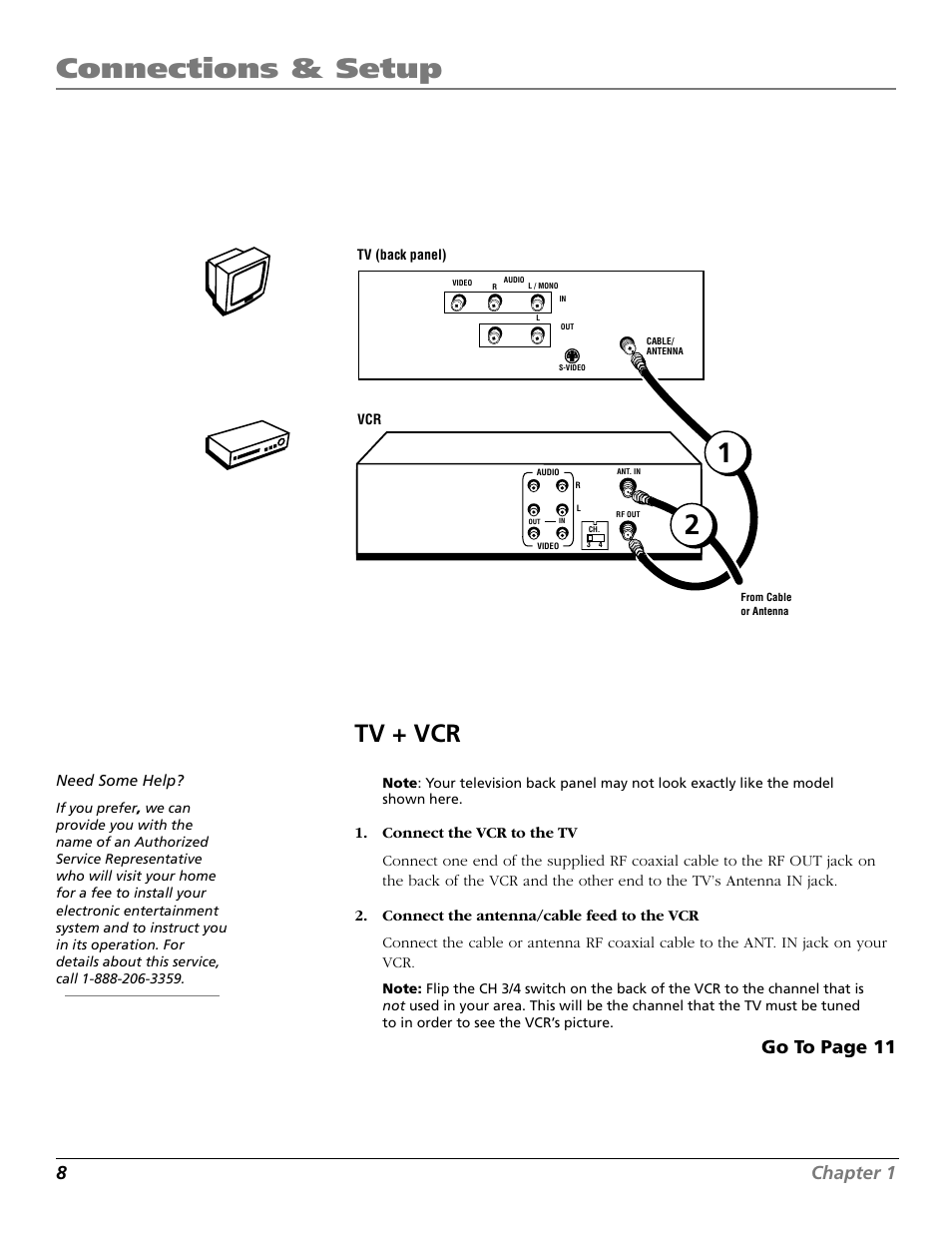Tv + vcr, Connections, Connecting | Connections & setup, 8chapter 1, Go to page 11, Vcr tv | RCA VR661HF User Manual | Page 10 / 64