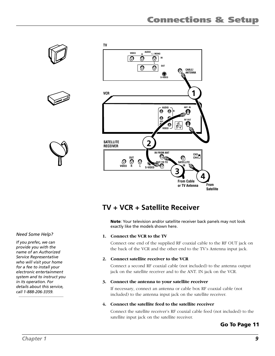 Tv + vcr + satellite receiver, Connections & setup, Chapter 1 9 | Go to page 11, Vcr tv satellite | RCA VR661HF User Manual | Page 11 / 64