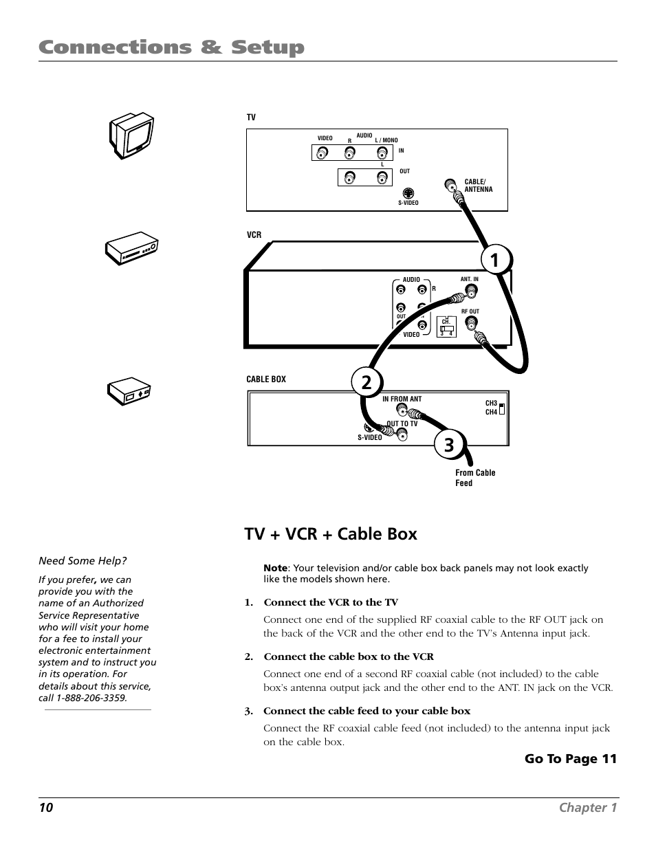 Tv + vcr + cable box, Connections & setup, 10 chapter 1 | Go to page 11, Tv ca ble bo x | RCA VR661HF User Manual | Page 12 / 64