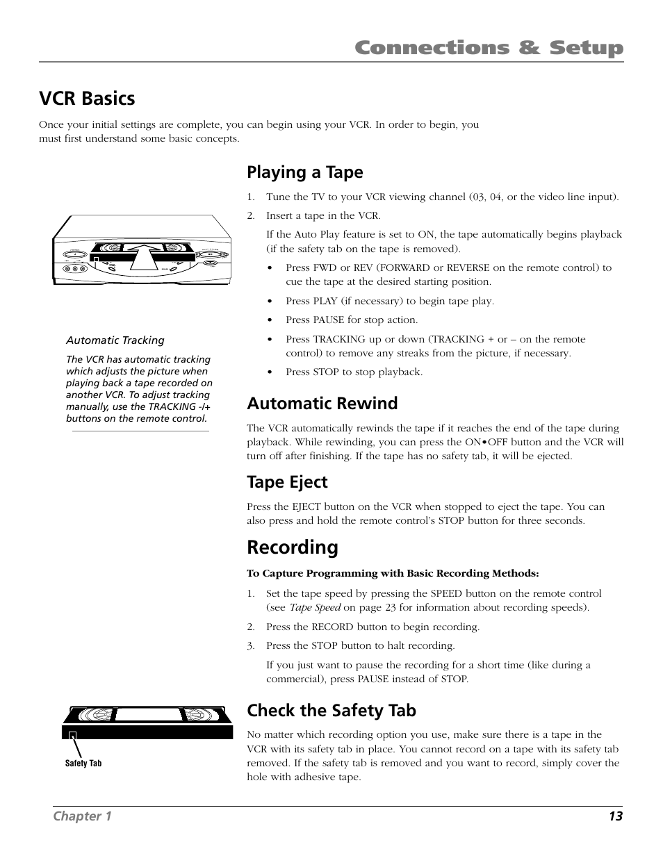 Vcr basics, Playing a tape, Automatic rewind | Tape eject, Recording, Check the safety tab, Auto play feature, Automatic tracking, Basic recording, Eject button | RCA VR661HF User Manual | Page 15 / 64