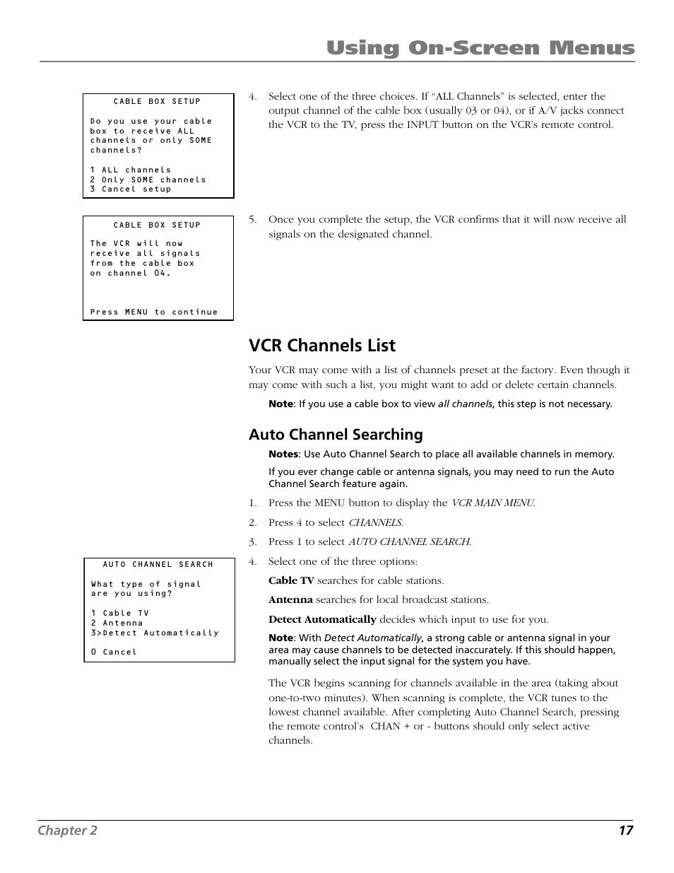 Vcr channels list, Auto channel searching, Audio/video (a/v) jacks | Auto channel search, Channel buttons, Using on-screen menus | RCA VR661HF User Manual | Page 19 / 64
