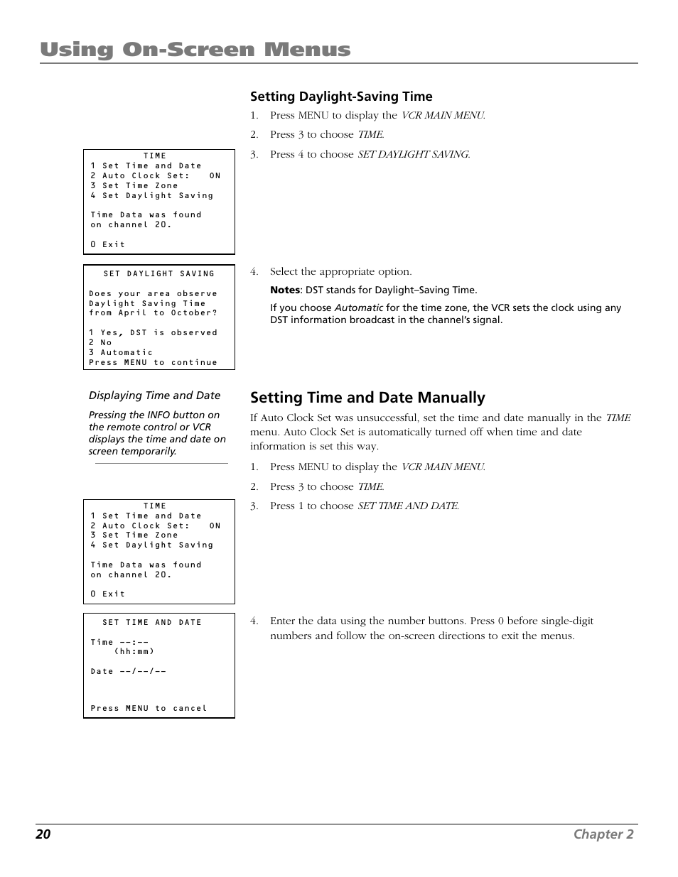 Setting daylight-saving time, Setting time and date manually, Number buttons | Daylight-saving, Using on-screen menus, 20 chapter 2 | RCA VR661HF User Manual | Page 22 / 64
