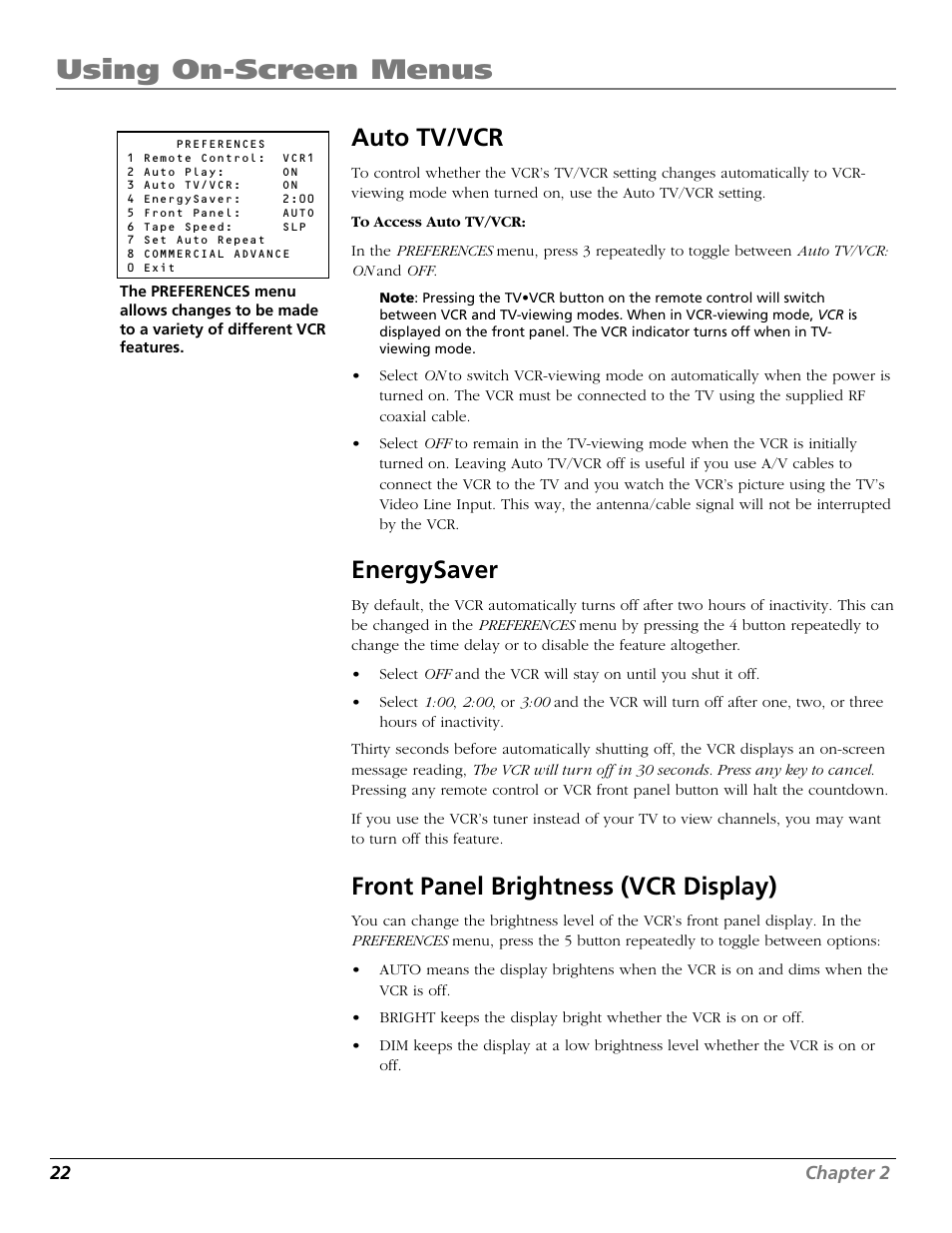 Auto tv/vcr, Energysaver, Front panel brightness (vcr display) | Auto tv/vcr feature, Energysaver feature, Front panel, Tv•vcr button, Using on-screen menus | RCA VR661HF User Manual | Page 24 / 64