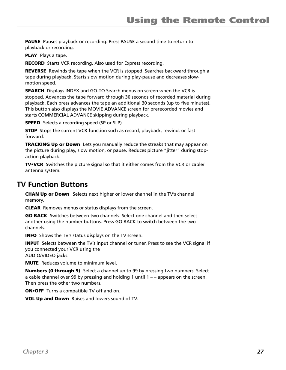 Tv function buttons, Chan buttons, Input button | Mute button, Rev button, Search button, Track buttons, Vol buttons, Using the remote control | RCA VR661HF User Manual | Page 29 / 64