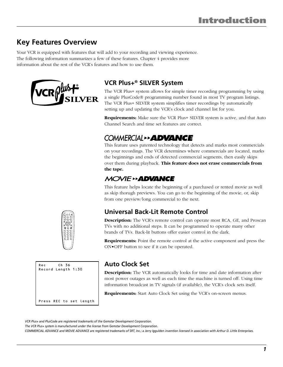 Introduction, Key features overview, Vcr plus | Silver system, Universal back-lit remote control, Auto clock set | RCA VR661HF User Manual | Page 3 / 64