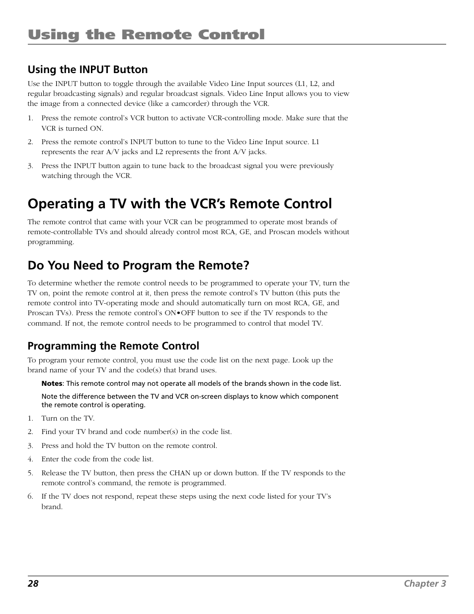 Using the input button, Operating a tv with the vcr’s remote control, Do you need to program the remote | Using the vcr’s features, Using the remote control, Programming the remote control | RCA VR661HF User Manual | Page 30 / 64