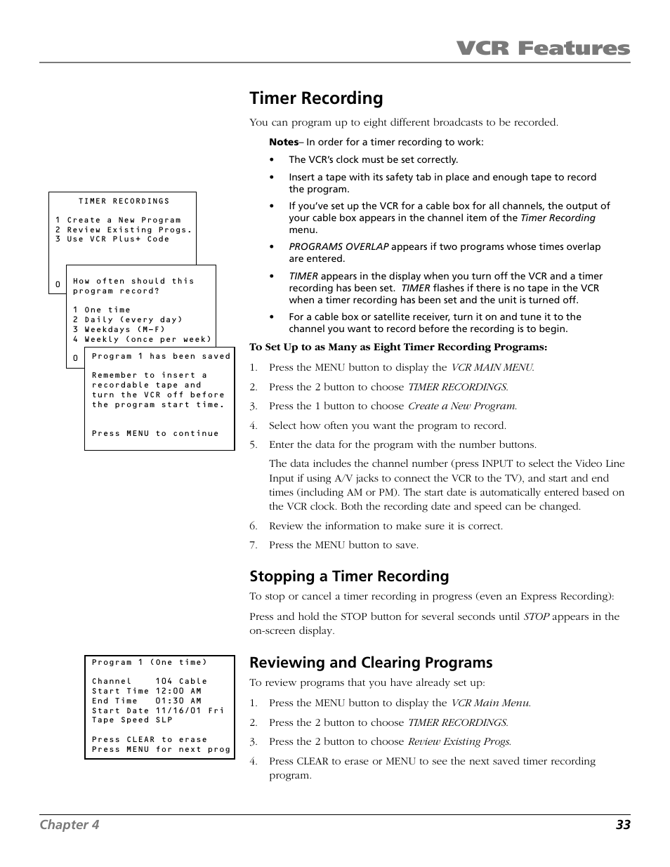 Timer recording, Stopping a timer recording, Reviewing and clearing programs | Timer, Reviewing timer programs, Clearing, Reviewing, Stopping, Vcr features | RCA VR661HF User Manual | Page 35 / 64