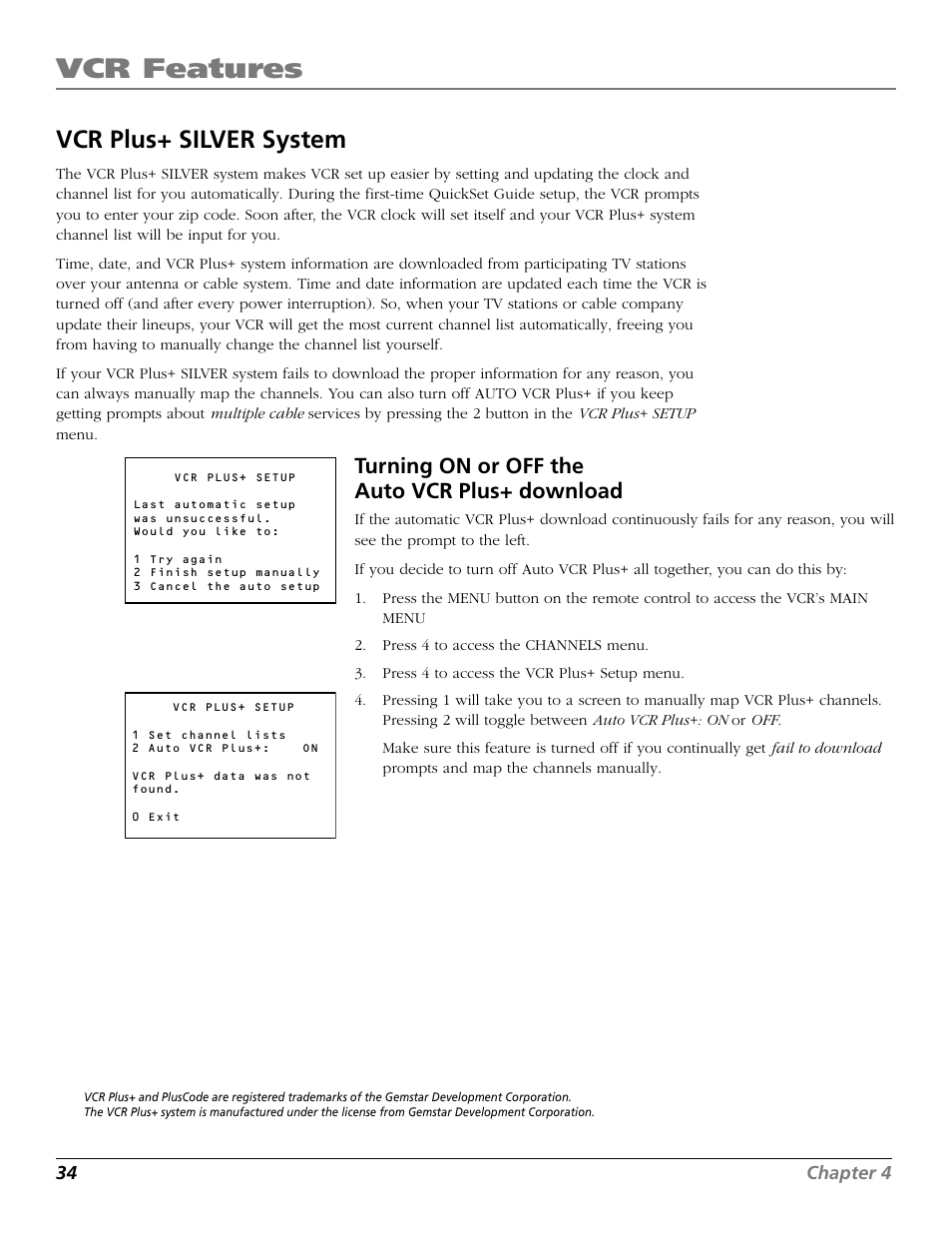 Vcr plus+ silver system, Turning on or off the auto vcr plus+ download, Vcr features | RCA VR661HF User Manual | Page 36 / 64