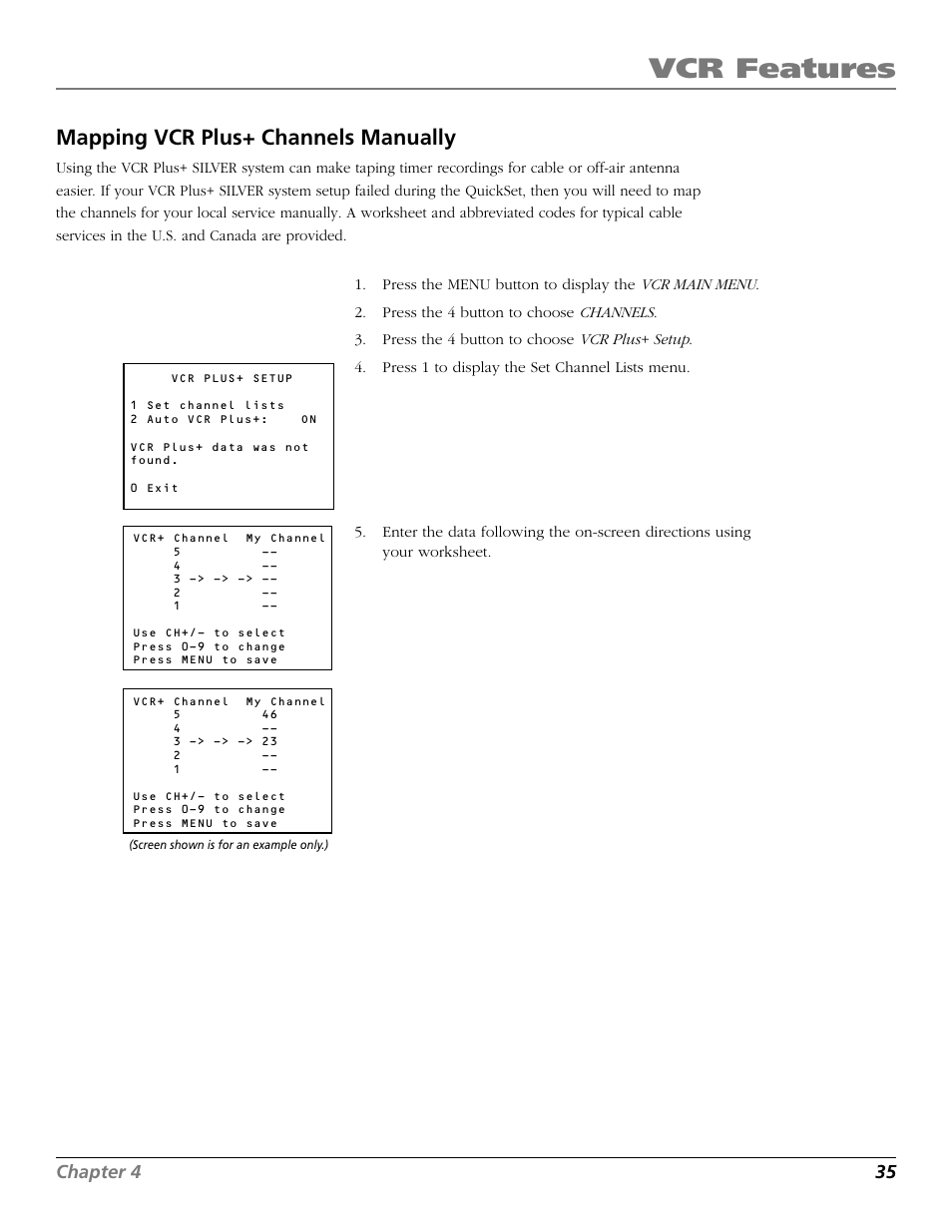 Mapping vcr plus+ channels manually, Vcr features, Chapter 4 35 | RCA VR661HF User Manual | Page 37 / 64
