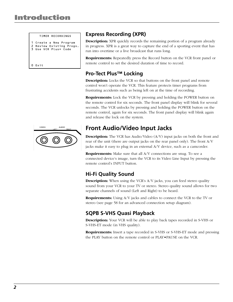 Express recording (xpr), Express (xpr), Introduction | Front audio/video input jacks, Pro-tect plus™ locking, Hi-fi quality sound, Sqpb s-vhs quasi playback | RCA VR661HF User Manual | Page 4 / 64