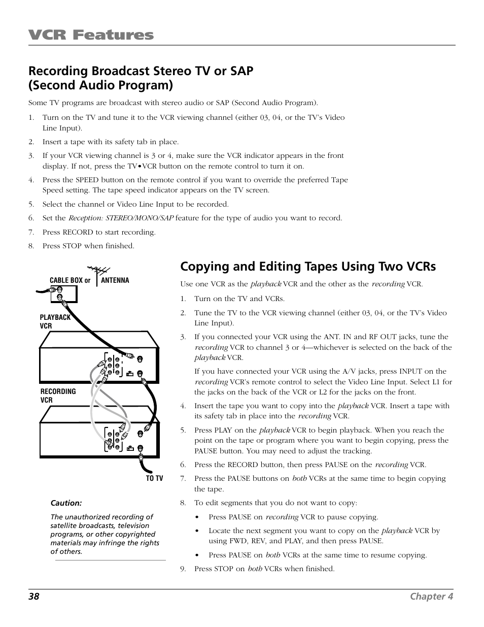 Copying and editing tapes using two vcrs, Broadcast stereo tv recording, Copying tapes | Fwd button, L1 indicator, L2 indicator, Reception: stereo/mono/sap feature, Broadcast stereo tv, Copying /editing tapes, Vcr indicator | RCA VR661HF User Manual | Page 40 / 64