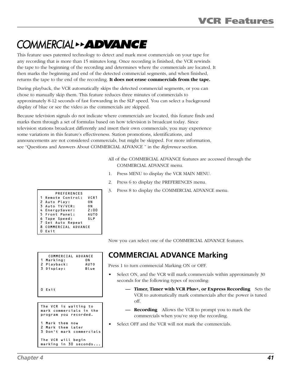 Commercial advance, Movie advance, Marking | Component buttons, Vcr features, Commercial advance marking, Chapter 4 41 | RCA VR661HF User Manual | Page 43 / 64