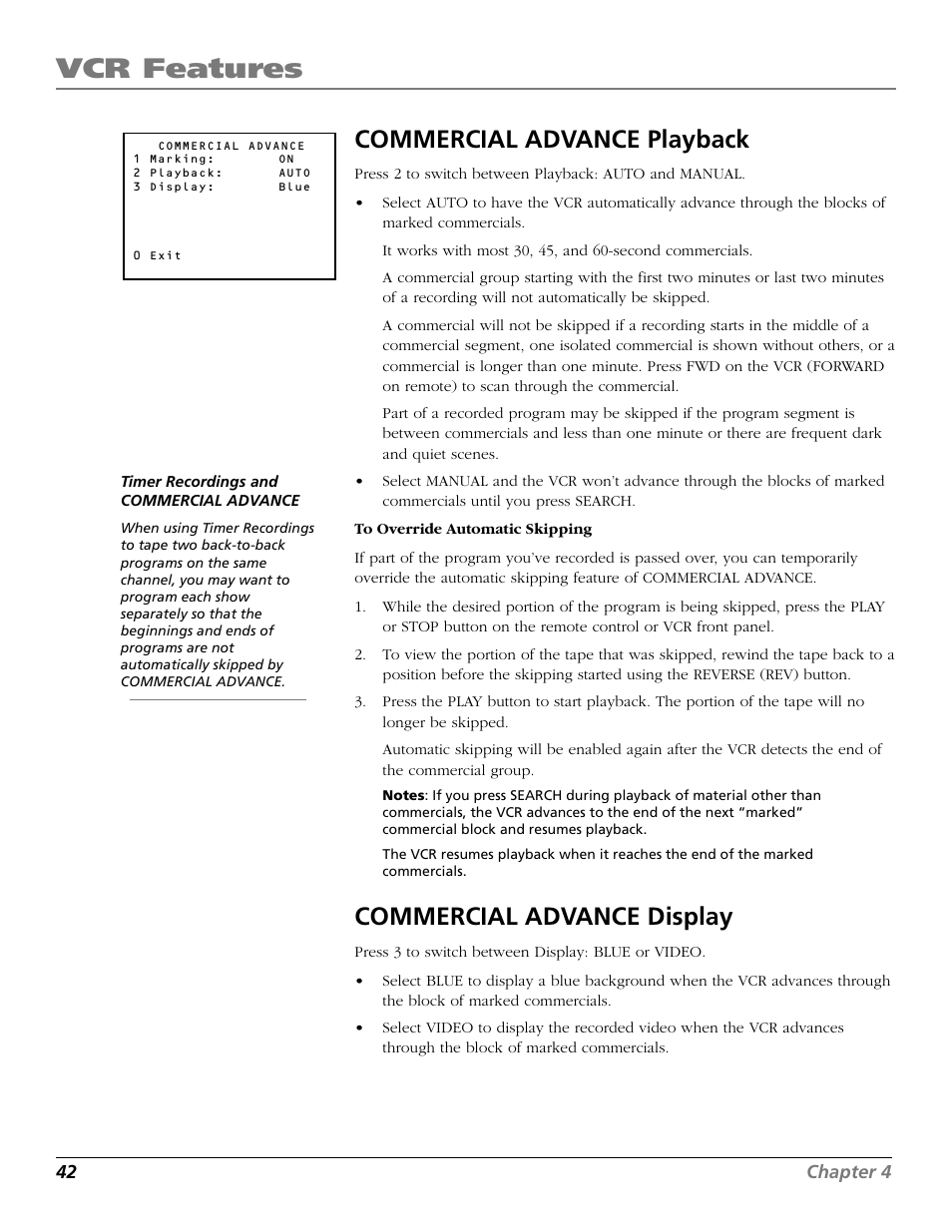 Display, Playback, Vcr features | Commercial advance playback, Commercial advance display | RCA VR661HF User Manual | Page 44 / 64