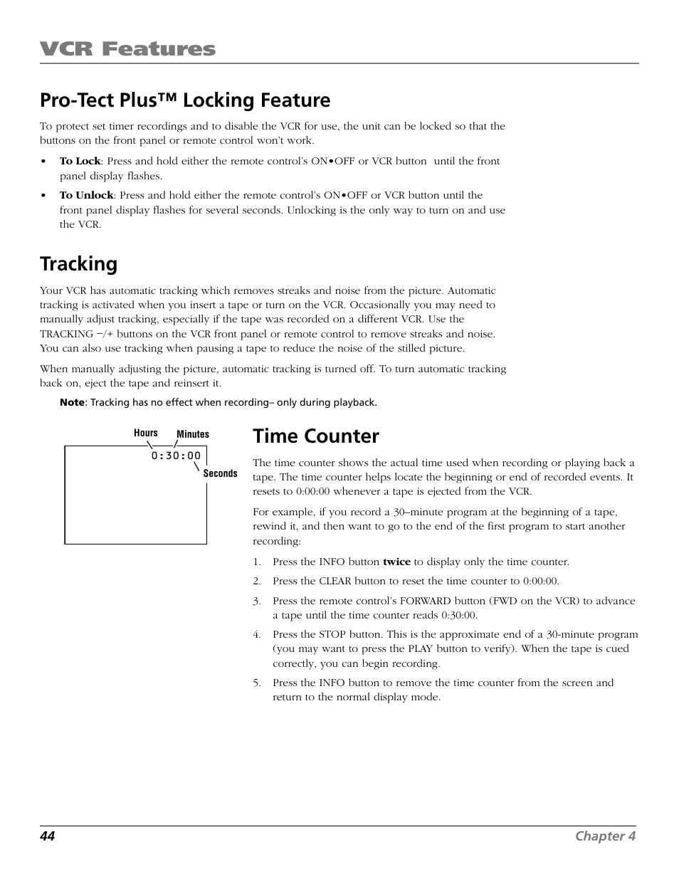 Pro-tect plus™ locking feature, Tracking, Time counter | Locking feature, On•off button, Pro-tect plus locking feature, Vcr features | RCA VR661HF User Manual | Page 46 / 64